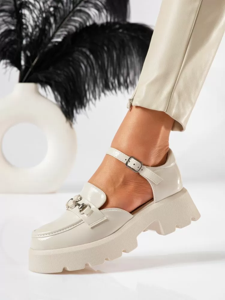 Pantofi casual dama bej din piele ecologica lacuita Mina #18836