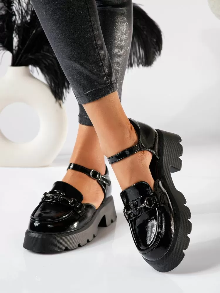 Pantofi casual dama negri din piele ecologica lacuita Mina #18837