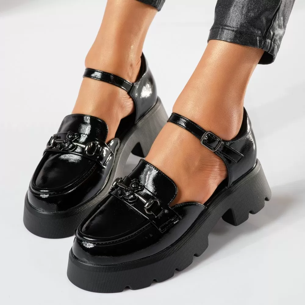 Pantofi casual dama negri din piele ecologica lacuita Mina #18837