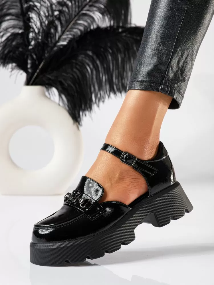 Pantofi casual dama negri din piele ecologica lacuita Mina #18837