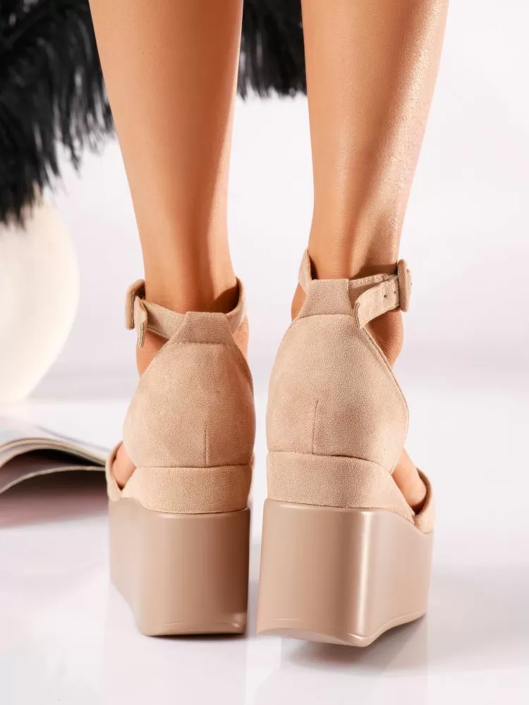 Sandale cu platforma dama bej din piele ecologica intoarsa Reese #19086