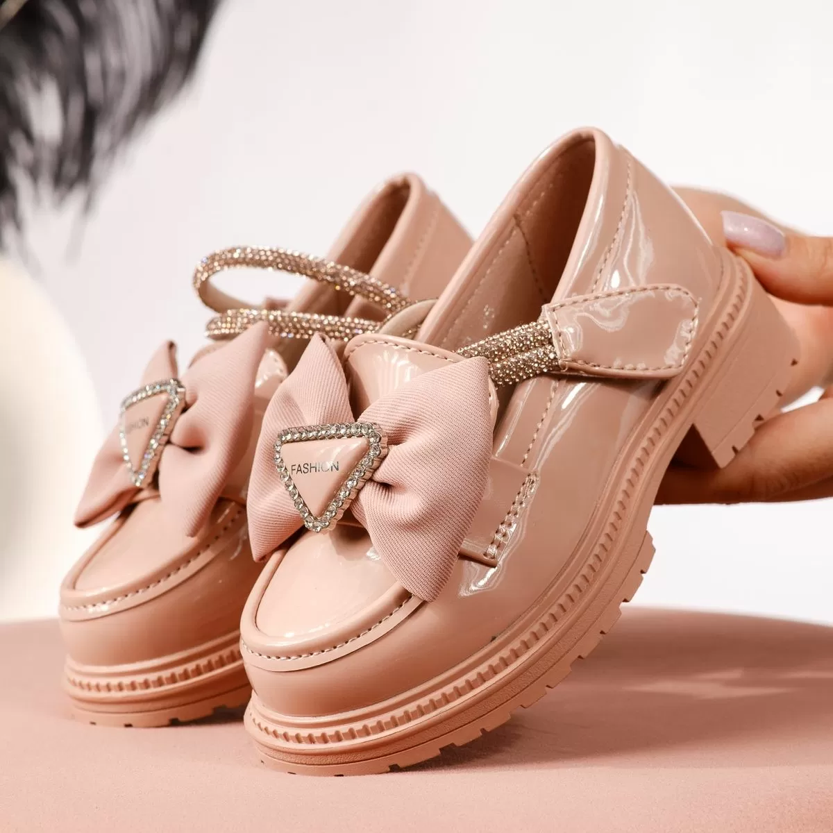 Pantofi casual copii roz din piele ecologica lacuita Allegra #19106