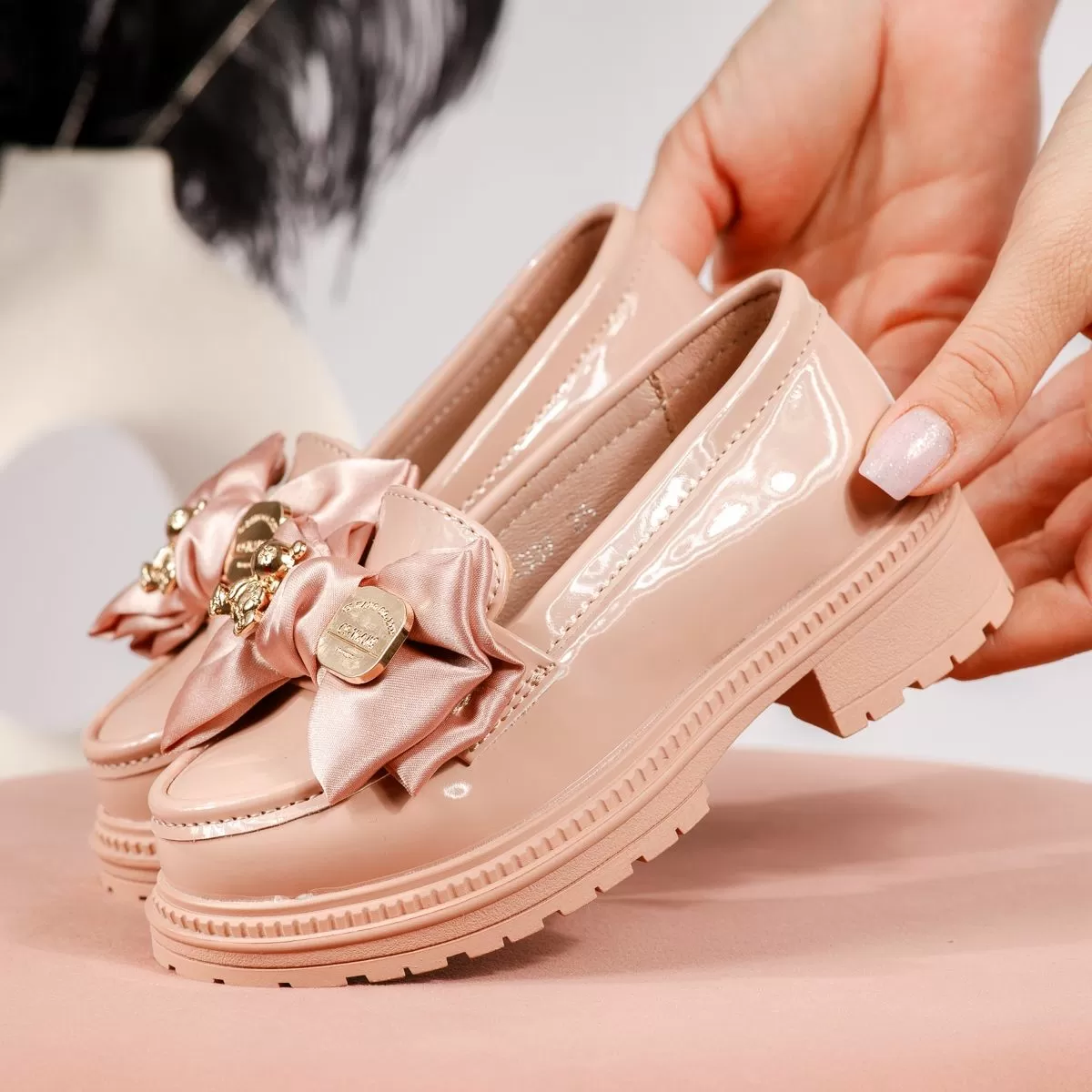 Pantofi casual copii roz din piele ecologica lacuita Anna #19112