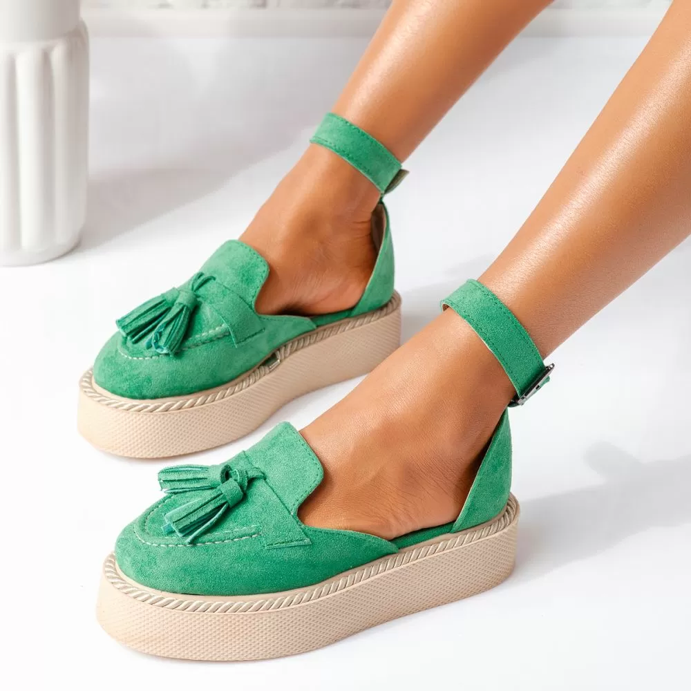 Pantofi casual dama verzi din piele ecologica intoarsa Lena #19344
