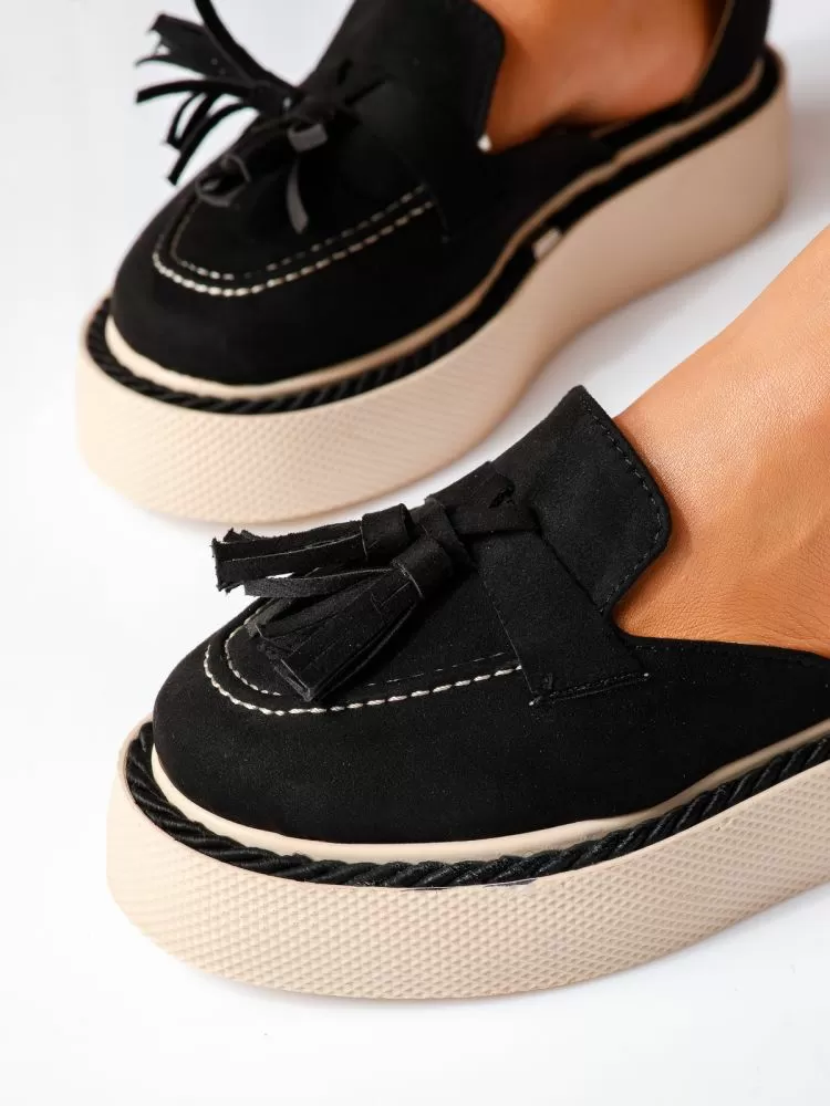 Pantofi casual dama negri din piele ecologica intoarsa Lena #19345