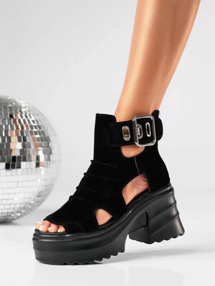 Sandale cu platforma dama negre din piele ecologica intoarsa Karina #19381