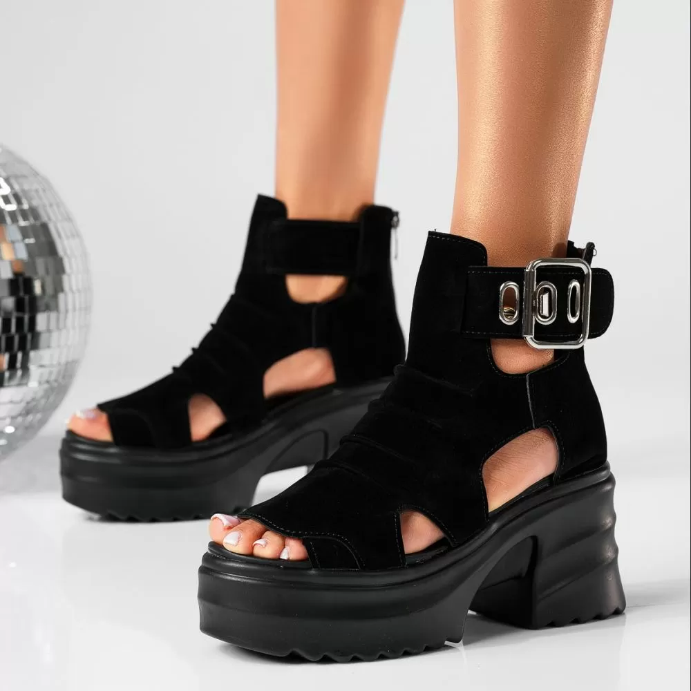 Sandale cu platforma dama negre din piele ecologica intoarsa Karina #19381