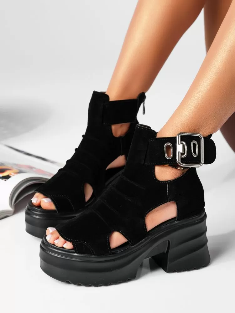 Sandale cu platforma dama negre din piele ecologica intoarsa Karina #19381