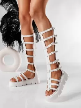 Sandale gladiator cu platforma dama albe din piele ecologica Jade #19555