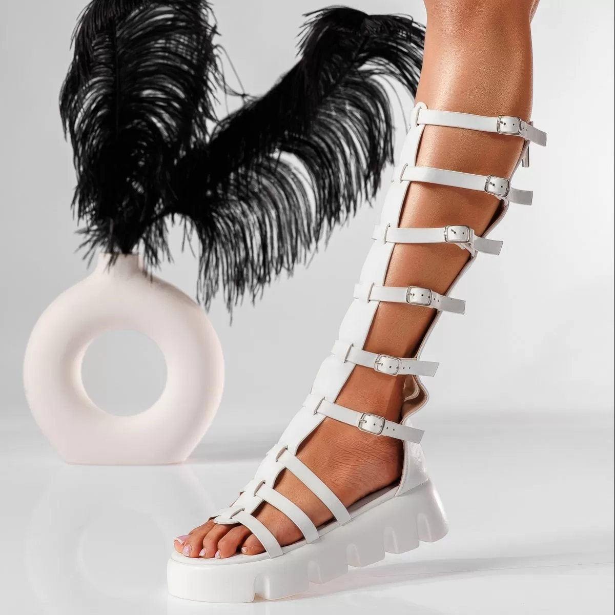 Sandale gladiator cu platforma dama albe din piele ecologica Jade #19555
