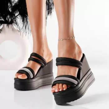 Papuci cu platforma dama negri din piele ecologica Paloma #19846