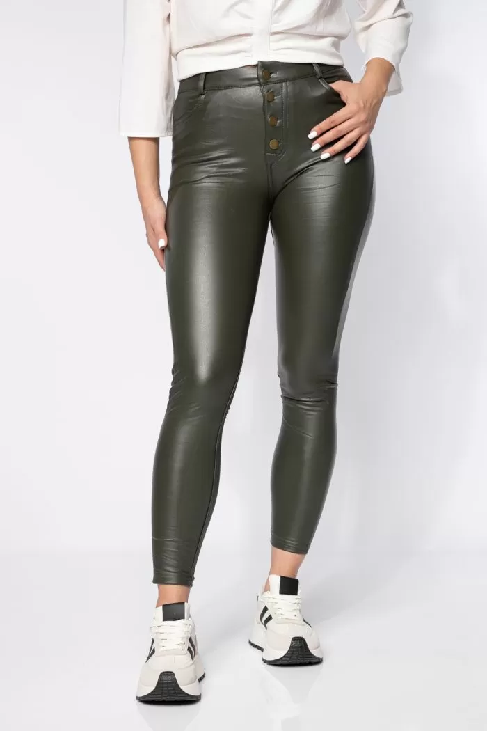 Pantaloni Piele Ecologica Vatuiti Dama Elif Khaki #A636