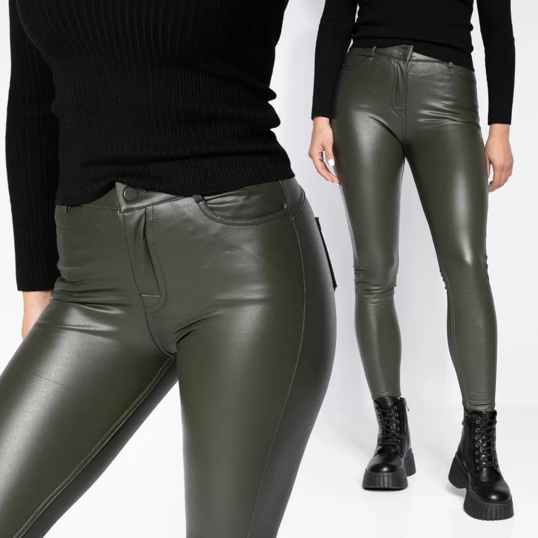 Pantaloni Piele Ecologica cu PushUp Vatuiti Dama Emi Khaki #A641