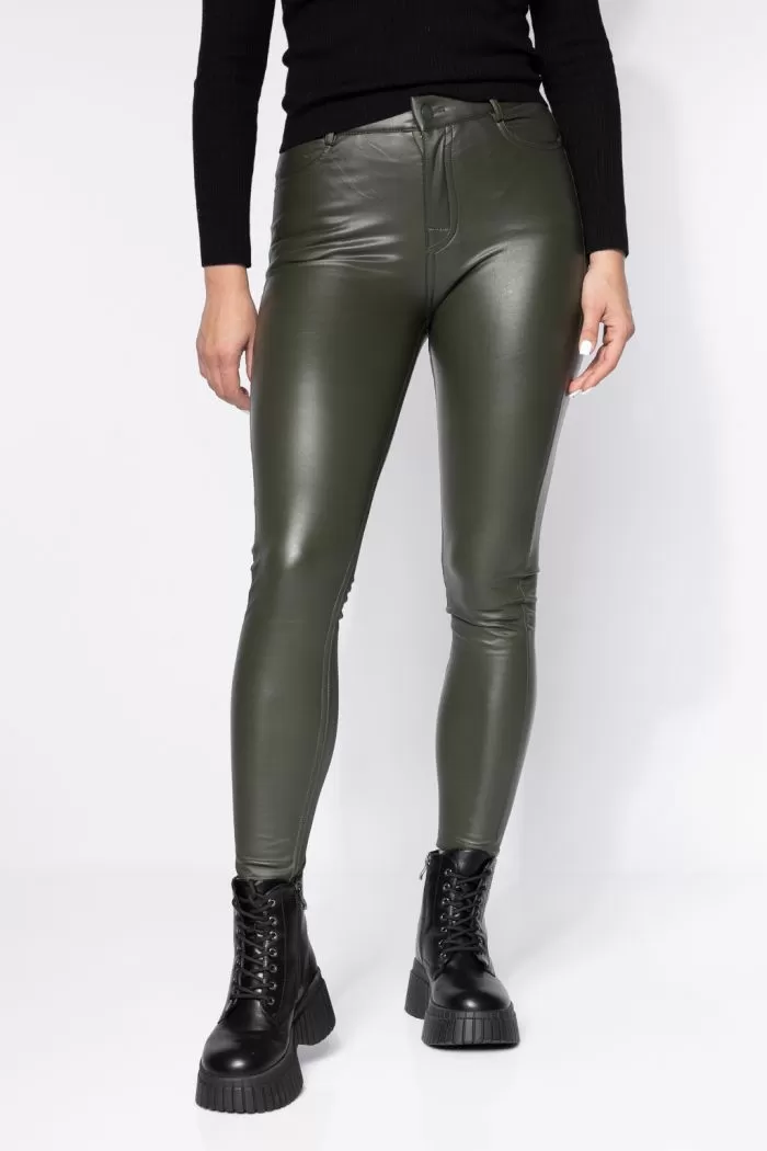 Pantaloni Piele Ecologica cu PushUp Vatuiti Dama Emi Khaki #A641
