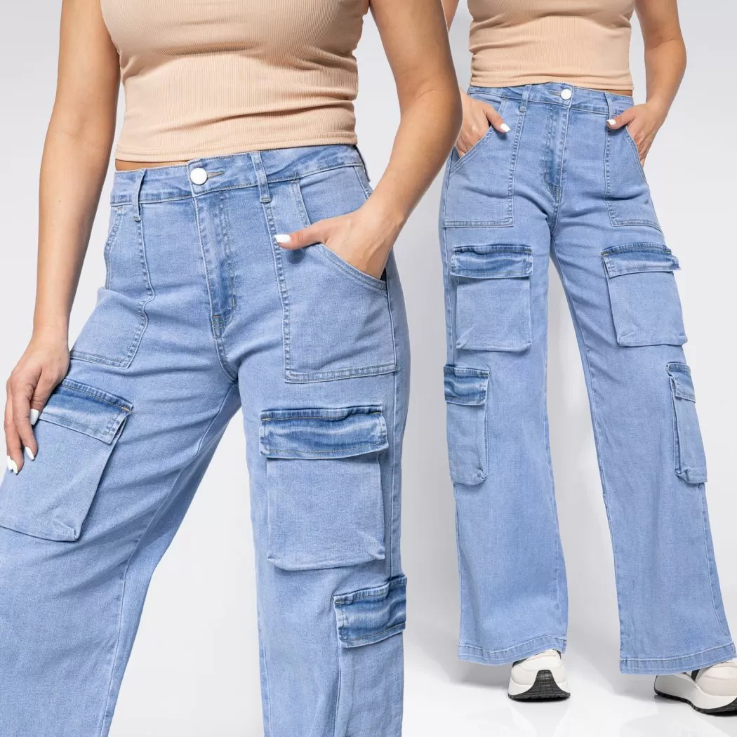 Pantaloni Tip Cargo Evazati Dama Rina Albastri #A644