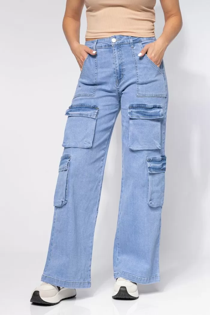 Pantaloni Tip Cargo Evazati Dama Rina Albastri #A644