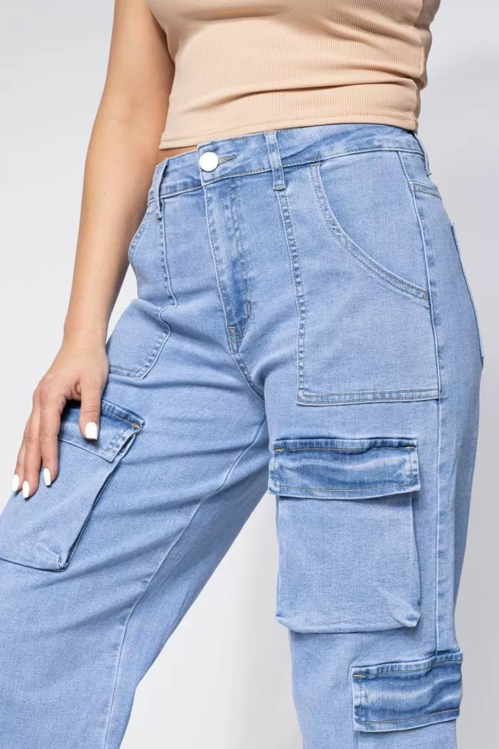 Pantaloni Tip Cargo Evazati Dama Rina Albastri #A644