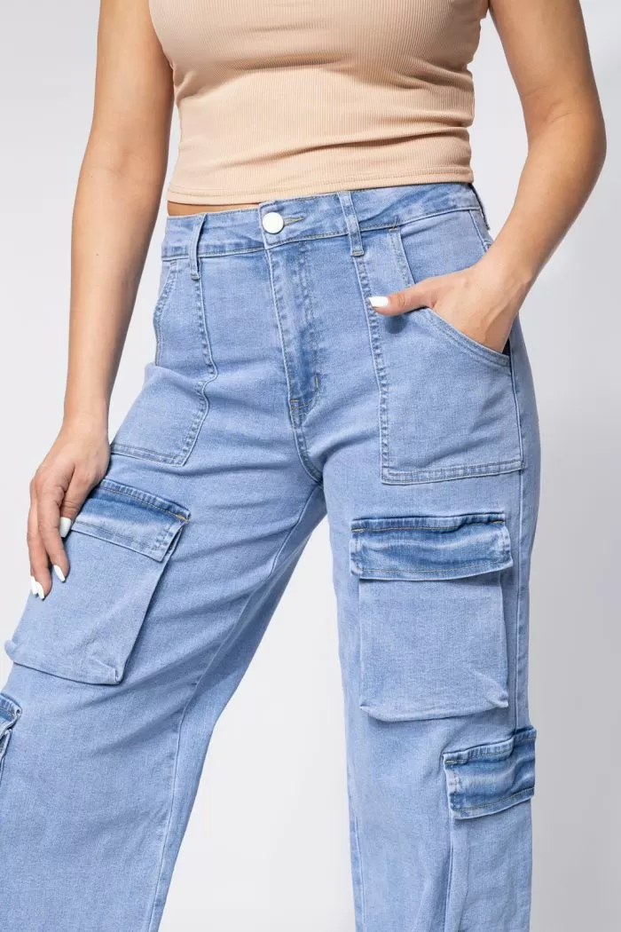 Pantaloni Tip Cargo Evazati Dama Rina Albastri #A644
