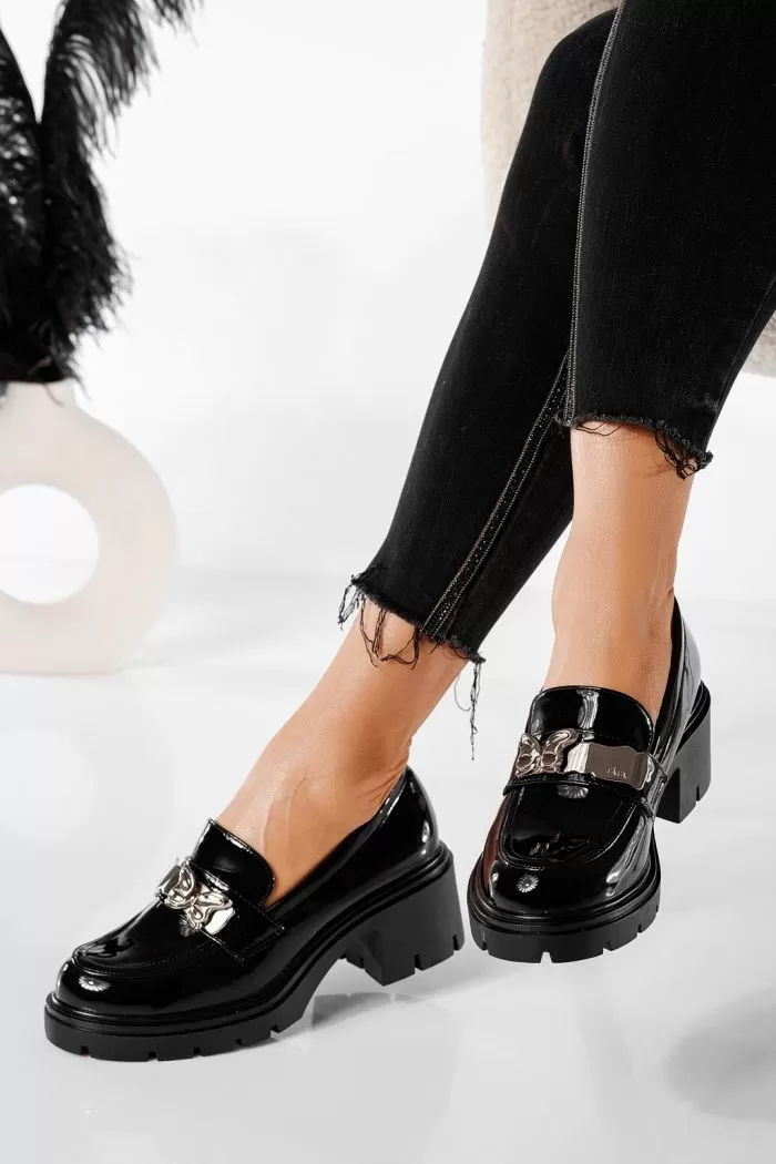 Pantofi casual dama negri din piele ecologica lacuita Jenica #20783