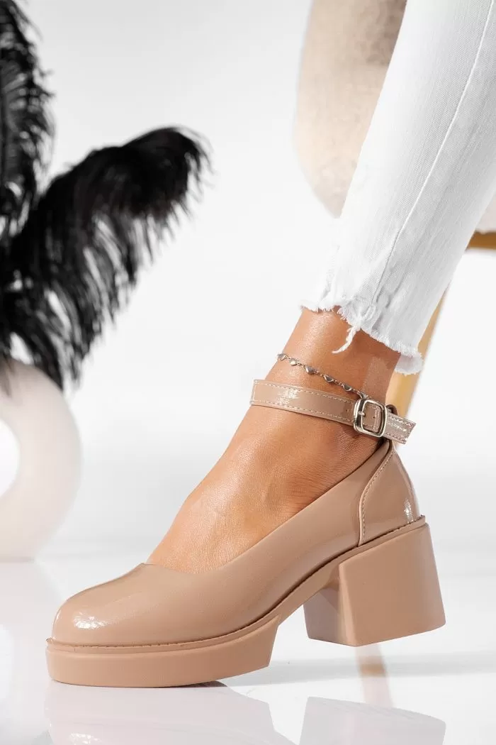 Pantofi casual dama bej din piele ecologica lacuita Troya #20898