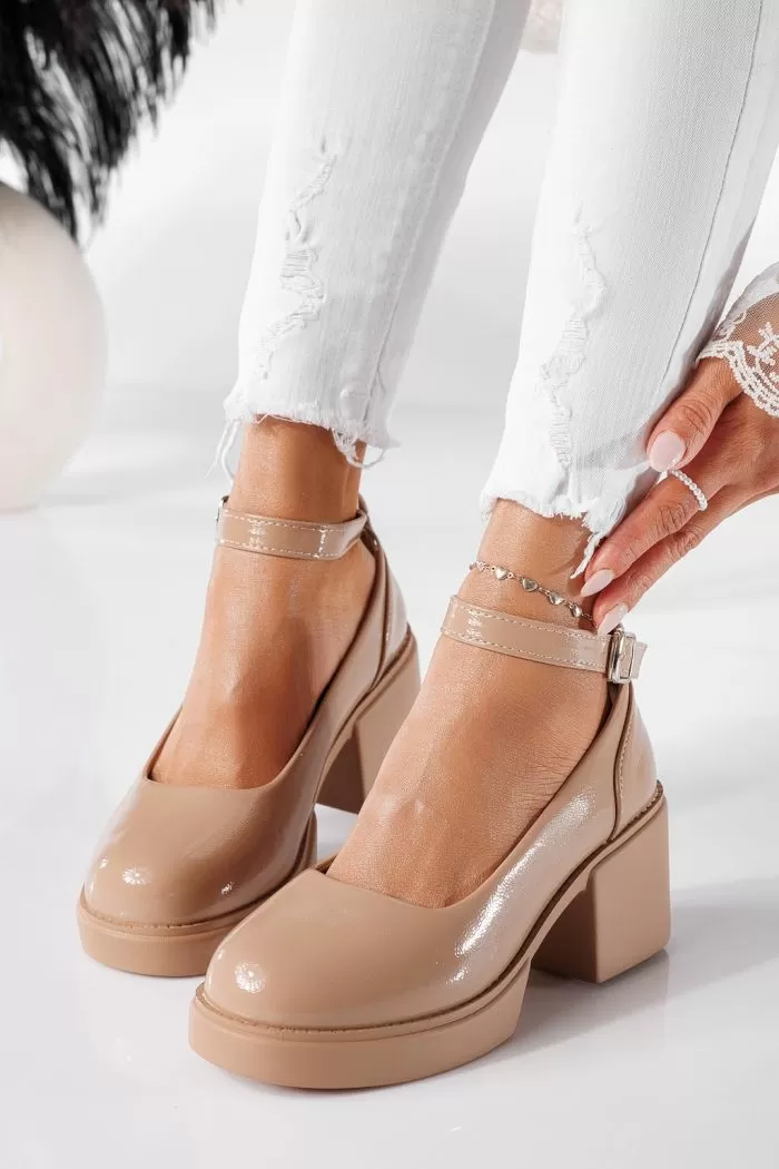 Pantofi casual dama bej din piele ecologica lacuita Troya #20898