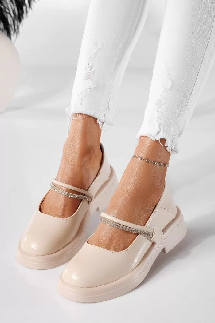 Pantofi casual dama bej din piele ecologica lacuita Sally #20917