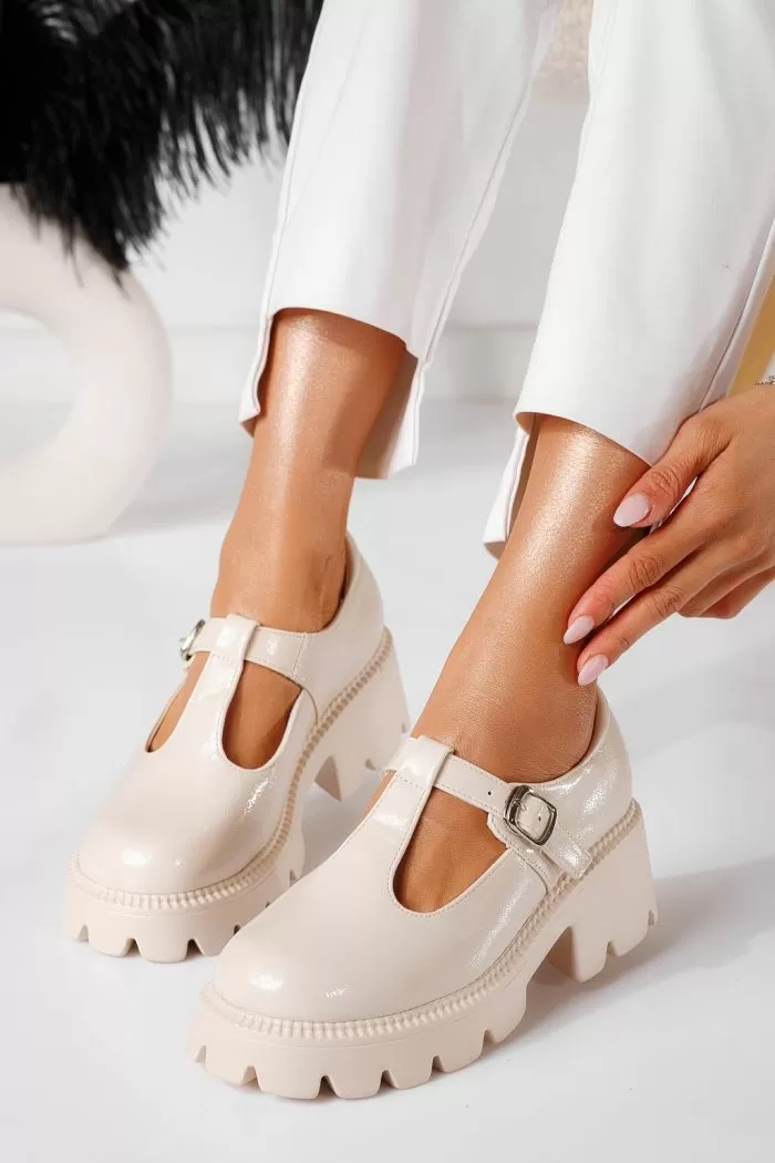 Pantofi casual dama bej din piele ecologica lacuita Riki #20962