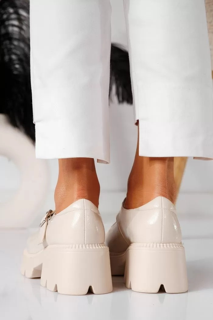 Pantofi casual dama bej din piele ecologica lacuita Riki #20962