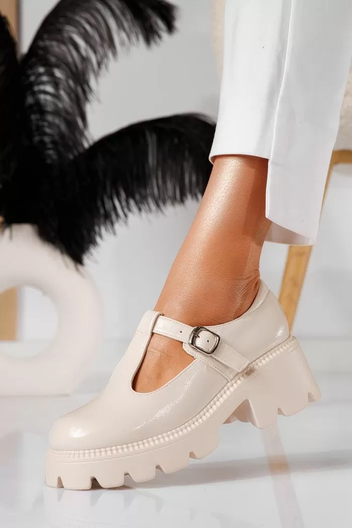 Pantofi casual dama bej din piele ecologica lacuita Riki #20962