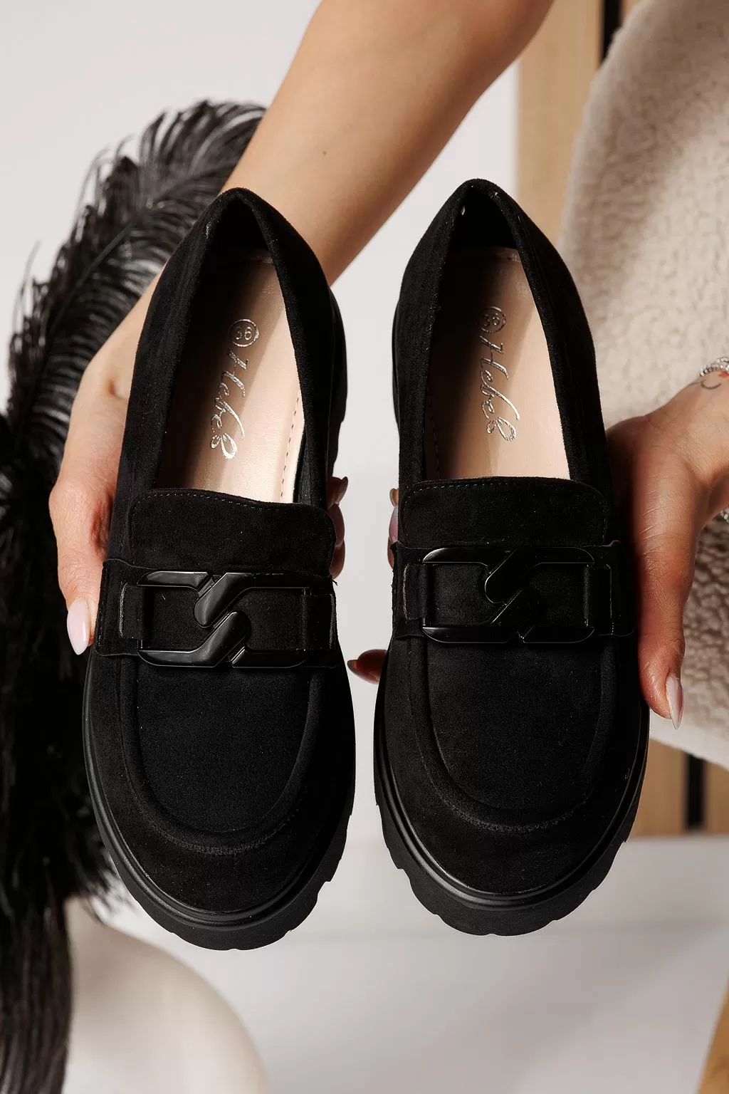 Pantofi casual dama negri din piele ecologica intoarsa Elara #21073