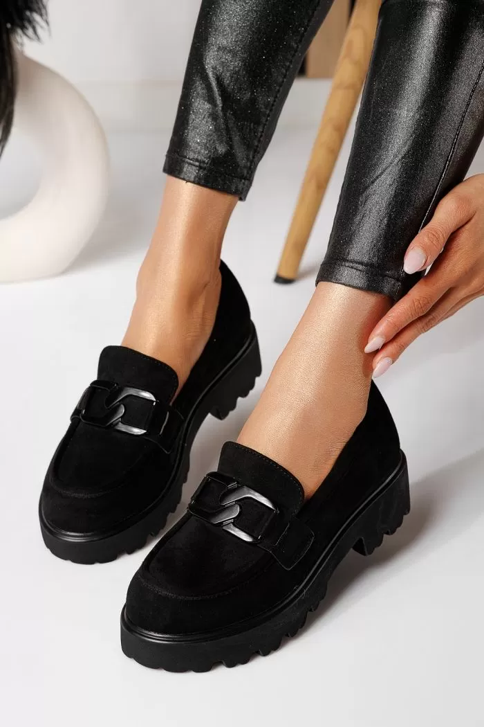 Pantofi casual dama negri din piele ecologica intoarsa Elara #21073