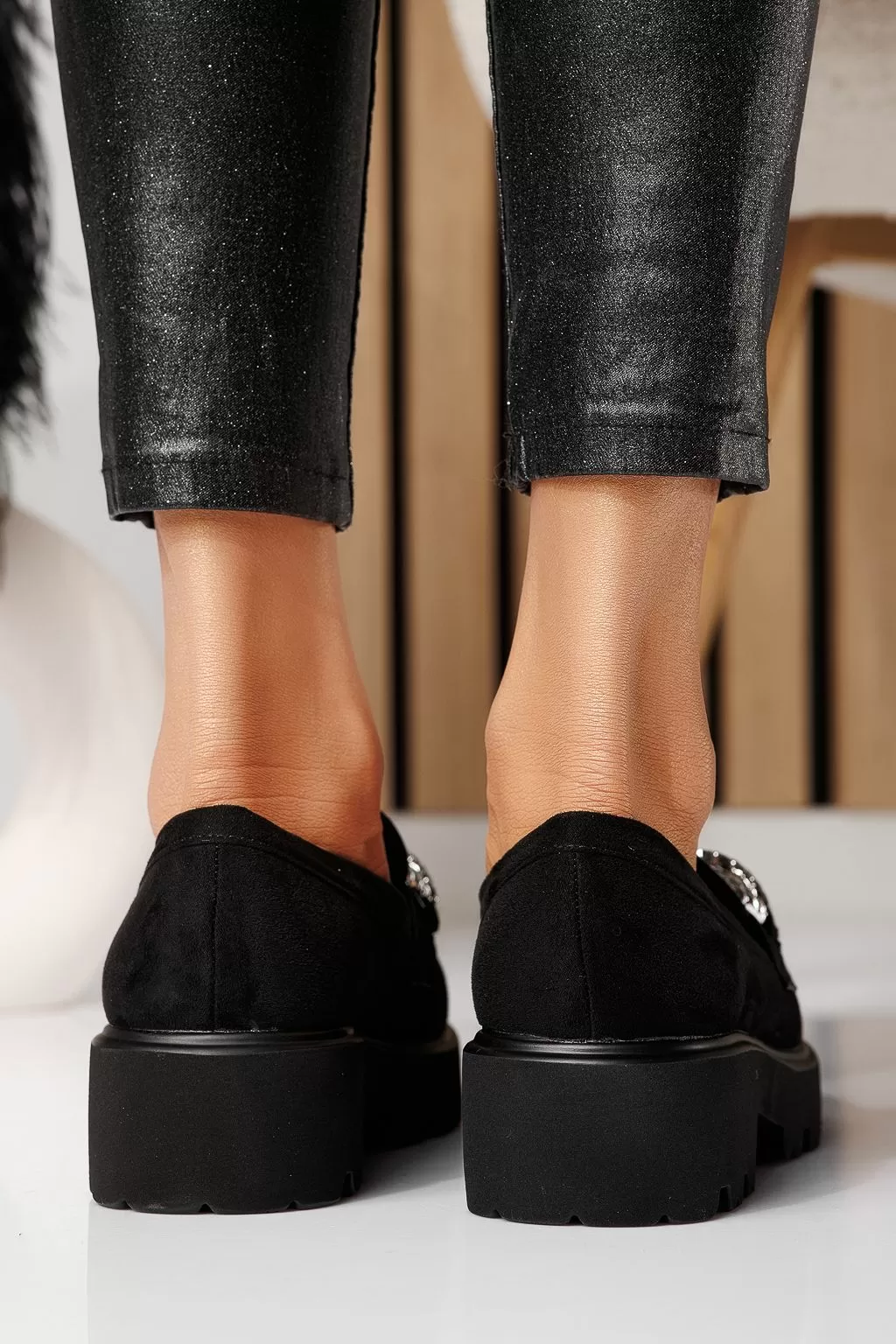 Pantofi casual dama negri din piele ecologica intoarsa Selene #21079