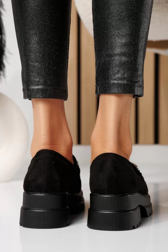 Pantofi casual dama negri din piele ecologica intoarsa Lea #21091