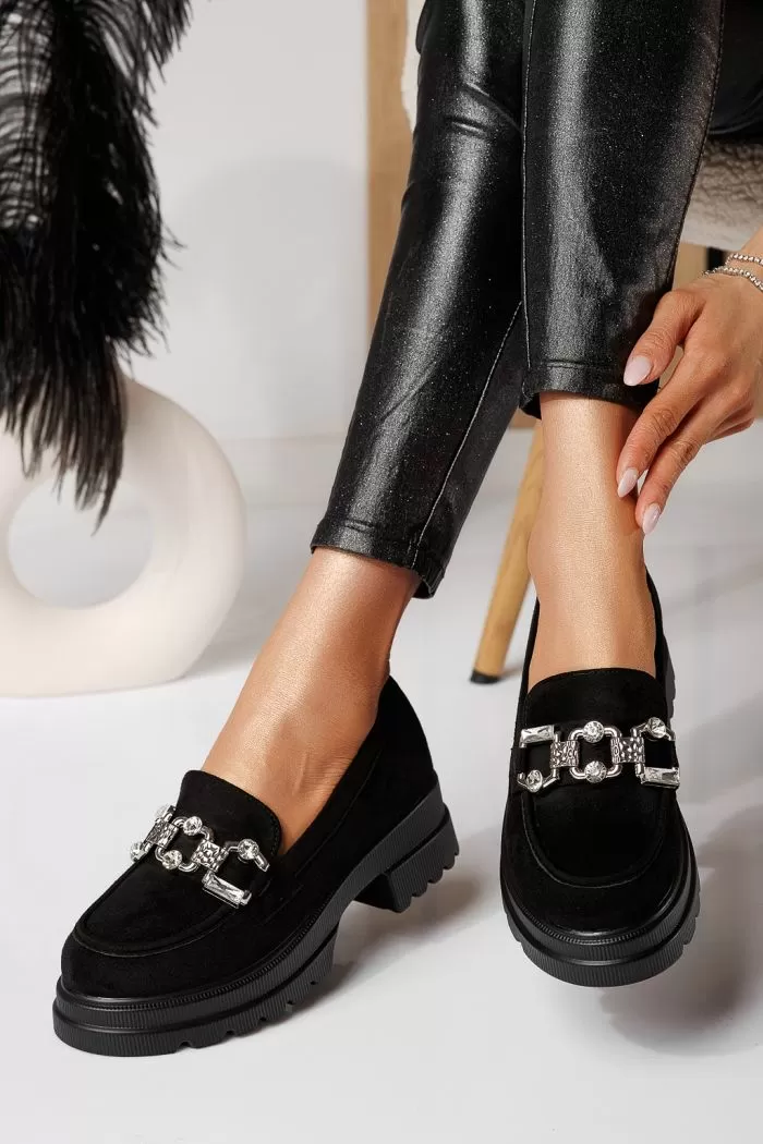 Pantofi casual dama negri din piele ecologica intoarsa Lea #21091