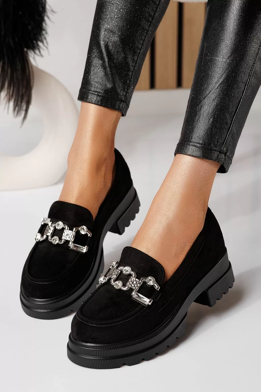 Pantofi casual dama negri din piele ecologica intoarsa Lea #21091