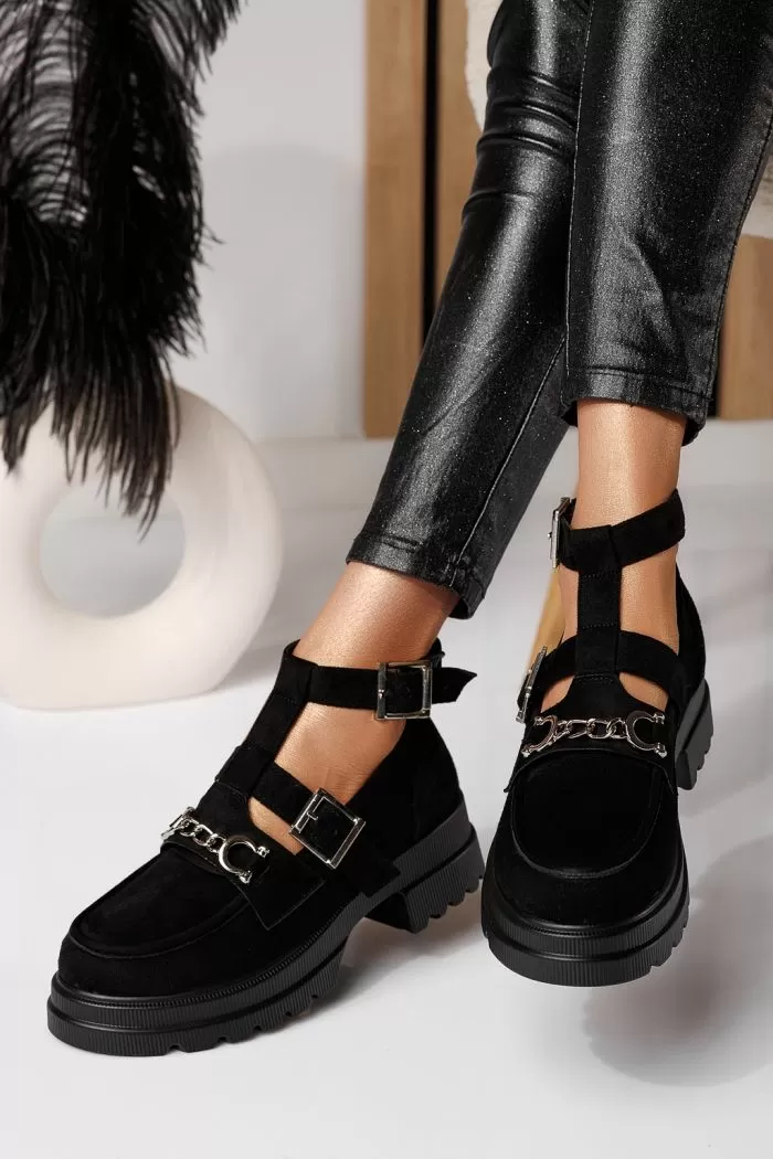 Pantofi casual dama negri din piele ecologica intoarsa Tabita #21094