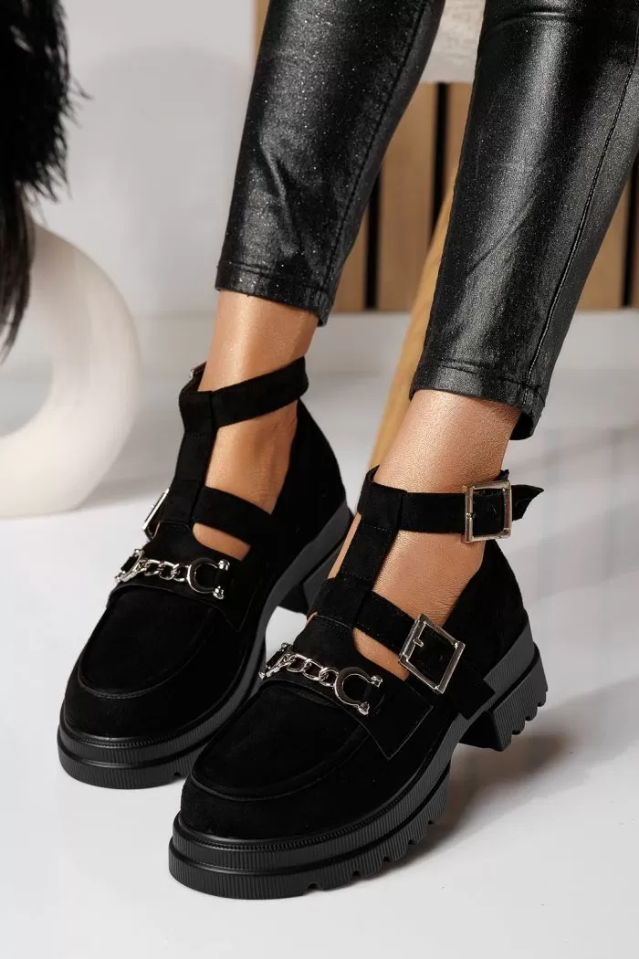 Pantofi casual dama negri din piele ecologica intoarsa Tabita #21094