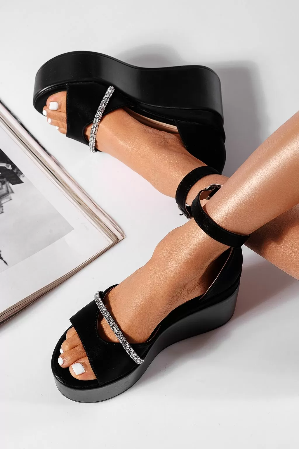 Sandale cu platforma dama negre din piele ecologica Aliz #21304