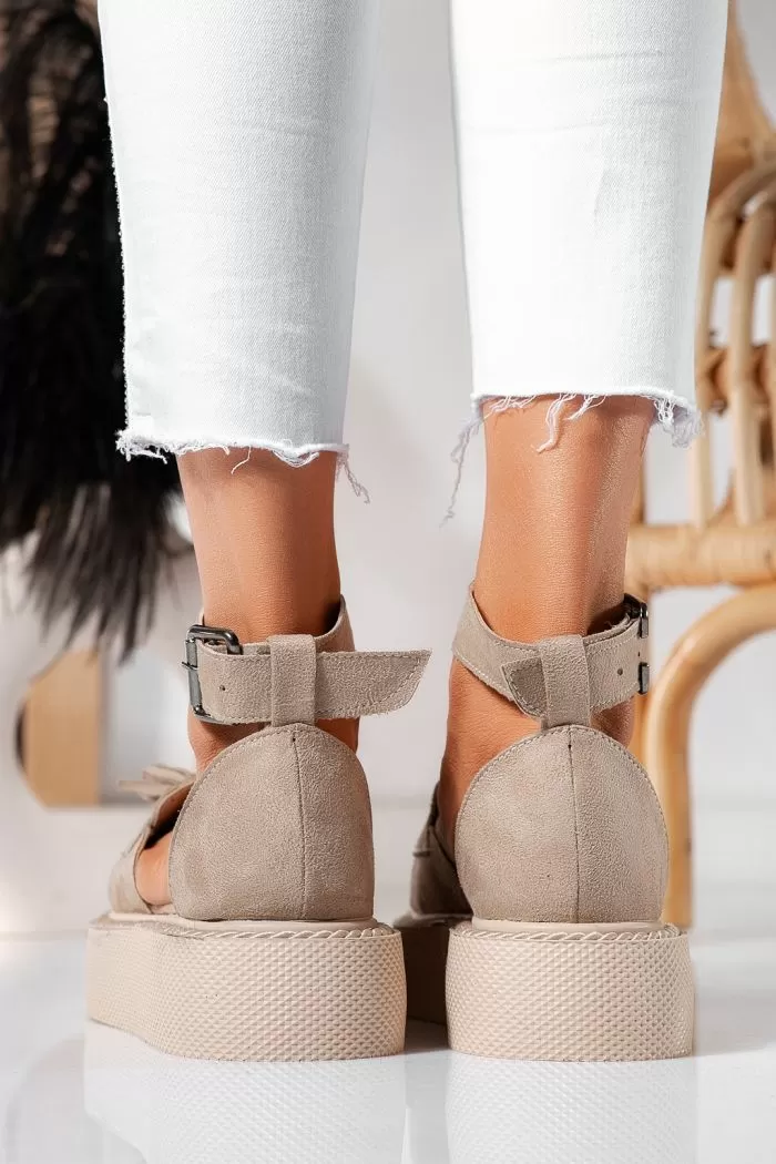 Pantofi casual dama bej din piele ecologica intoarsa Aryan #21399
