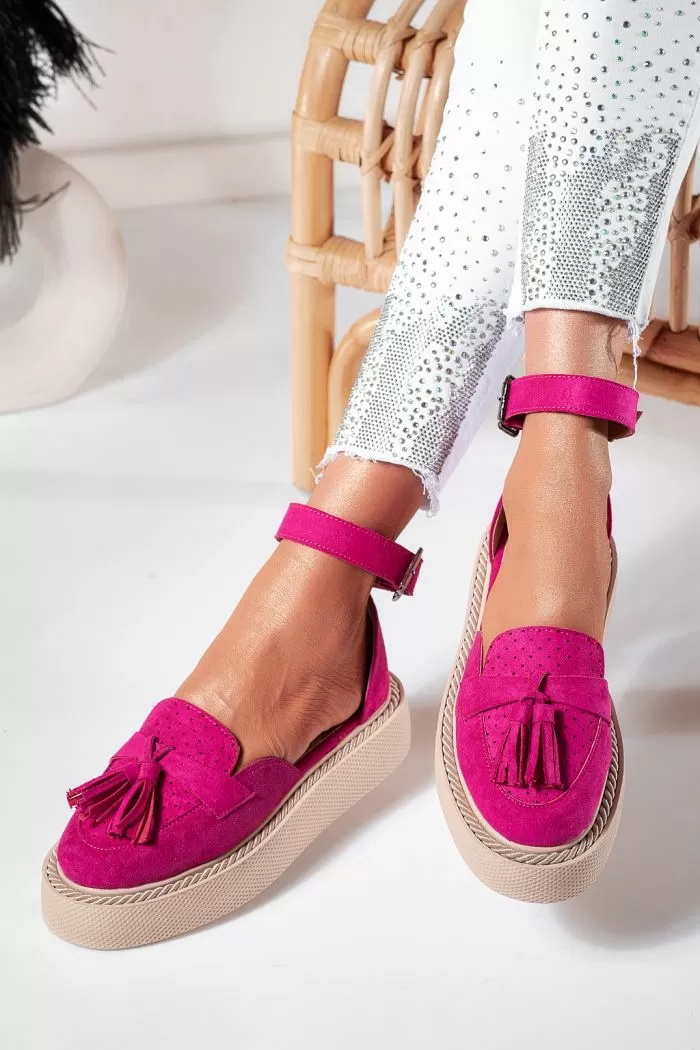 Pantofi casual dama fucsia din piele ecologica intoarsa Aryan #21401