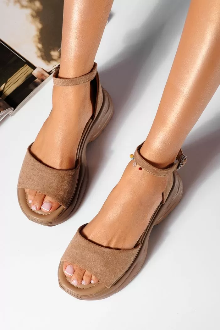 Sandale cu platforma dama khaki din piele ecologica intoarsa Calypso #21458