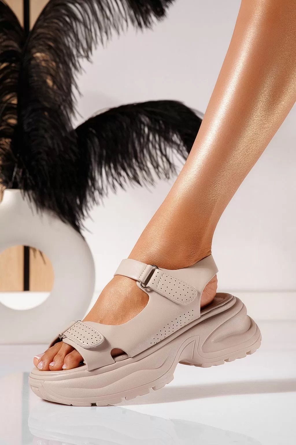 Sandale cu platforma dama bej din piele ecologica Cate #21460