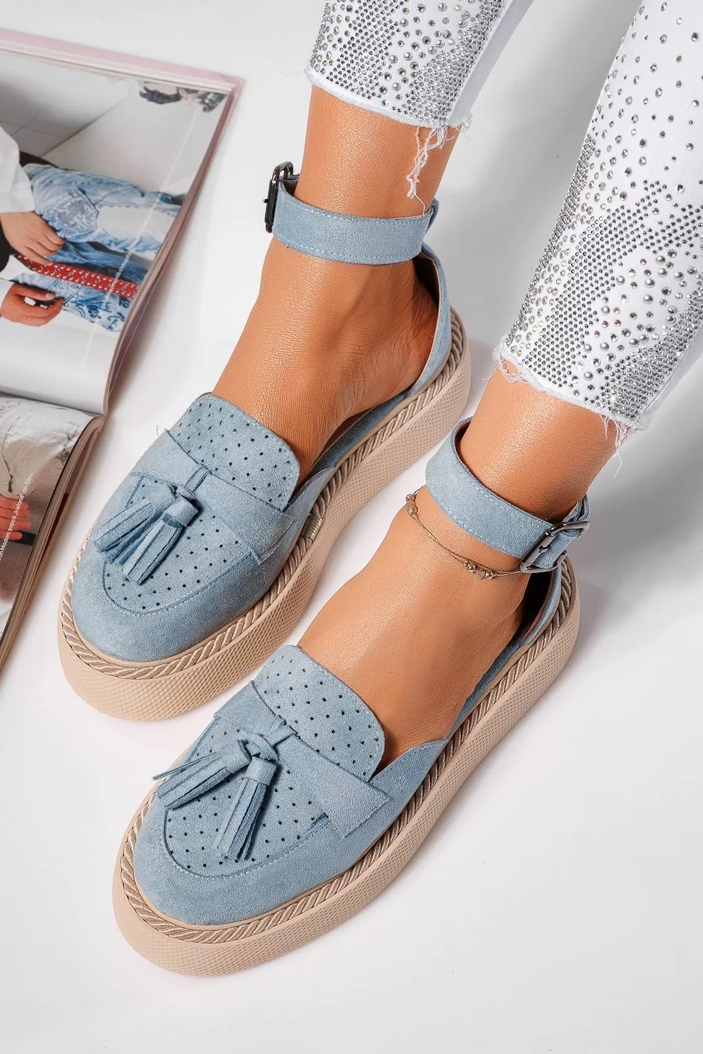Pantofi casual dama albastri din piele ecologica intoarsa Aryan #21633