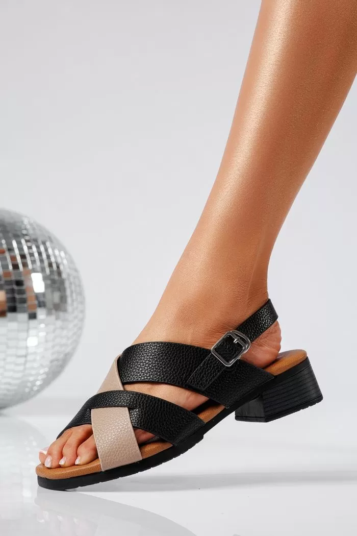 Sandale cu toc dama negre din piele ecologica Adania #22032