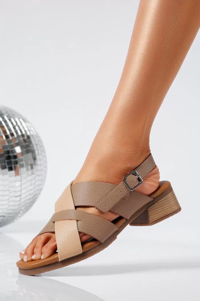 Sandale cu toc dama khaki din piele ecologica Adania #22033