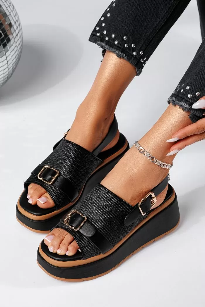 Sandale cu platforma dama negre din piele ecologica Alda #22036
