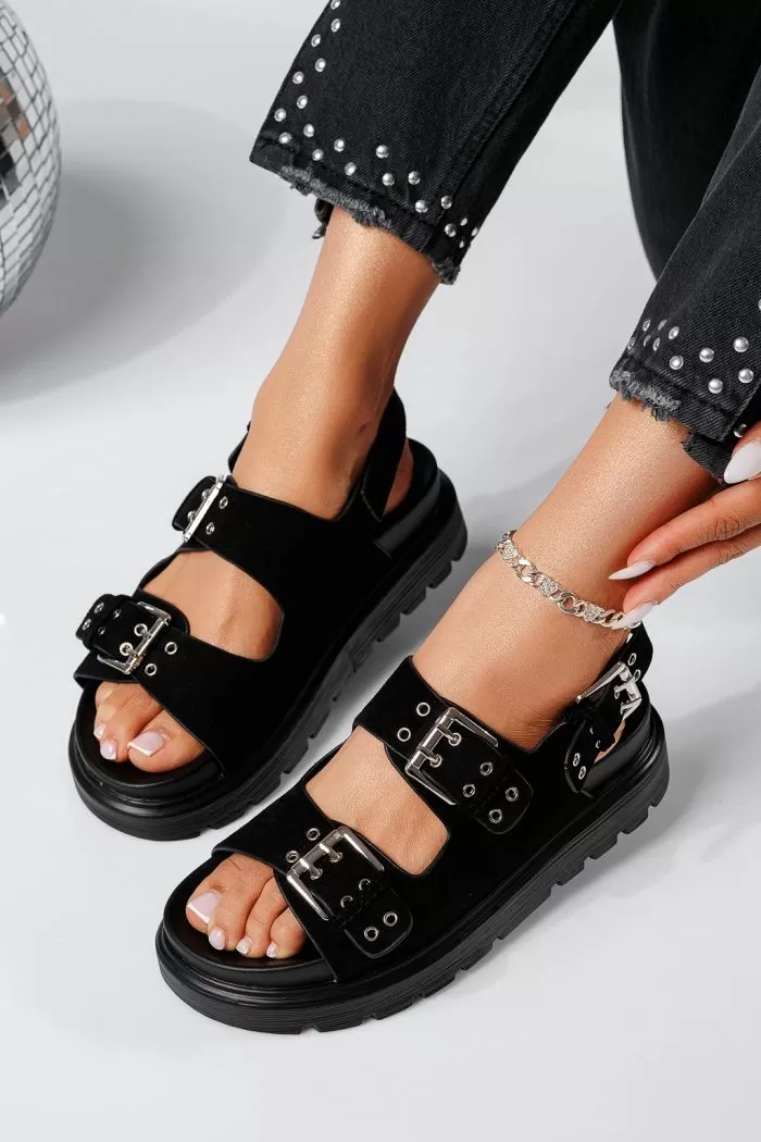 Sandale cu platforma dama negre din piele ecologica intoarsa Amara #22037