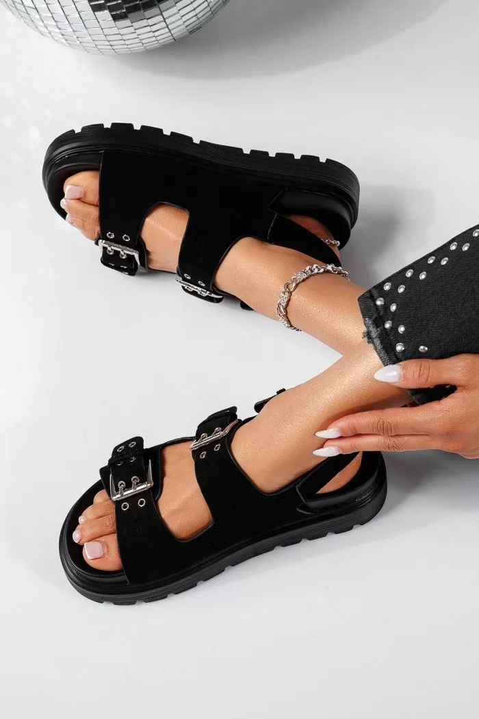 Sandale cu platforma dama negre din piele ecologica intoarsa Amara #22037