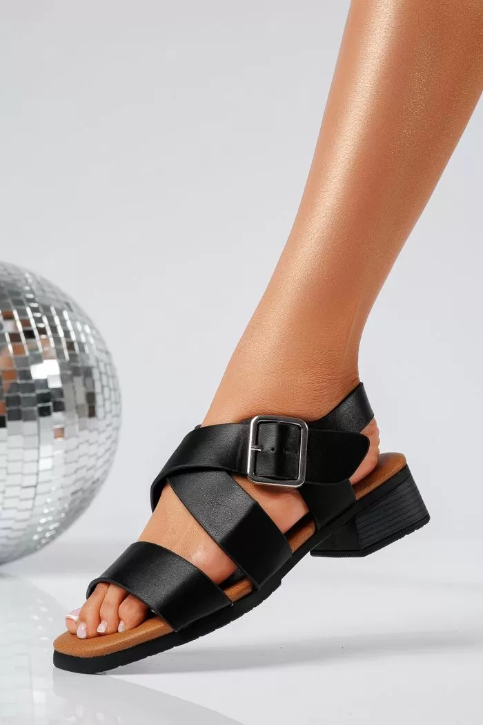 Sandale cu toc dama negre din piele ecologica Aldina #22055