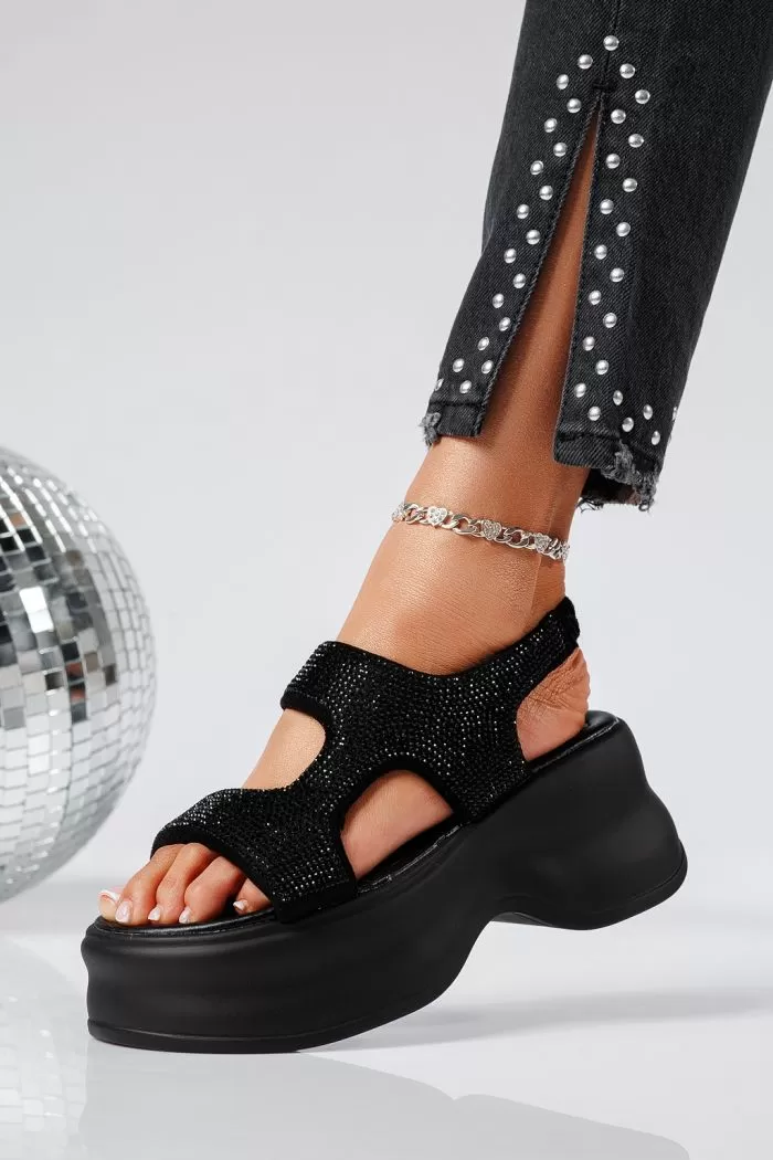 Sandale cu platforma dama negre din piele ecologica intoarsa Ava #22088